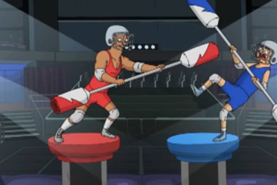 gladiators fighting with foam batons
