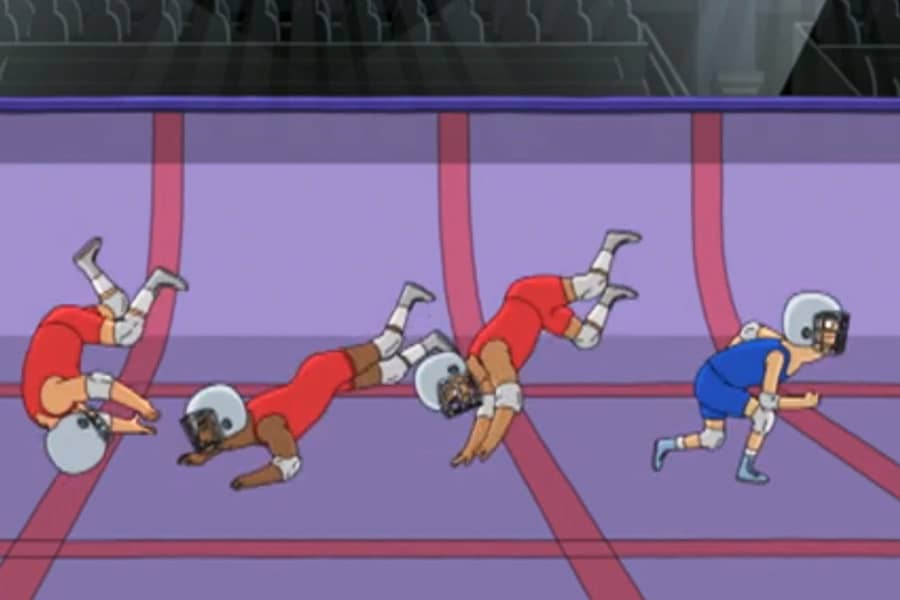 blue gladitor mowing down three red ones