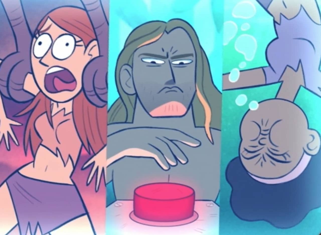 a woman screaming as she is carried away by giant talons, a shirtles man ponders pushing a giant red button, and another woman is upside holding her breath under water