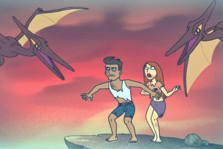 a man and woman in tattered clothes are surrounded by pterodactyls