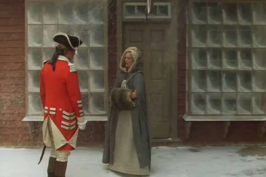 General Tarleton speaks with Mary in the snow