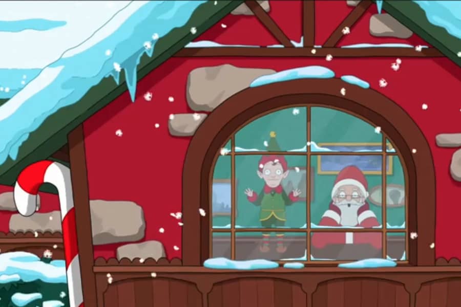 Santa and an elf in the north pole