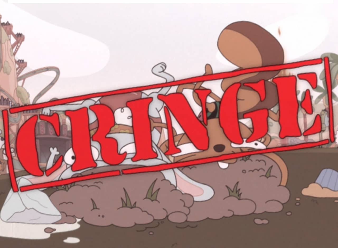two kids who fell down and ate dirt with a big “Cringe” stamp on it