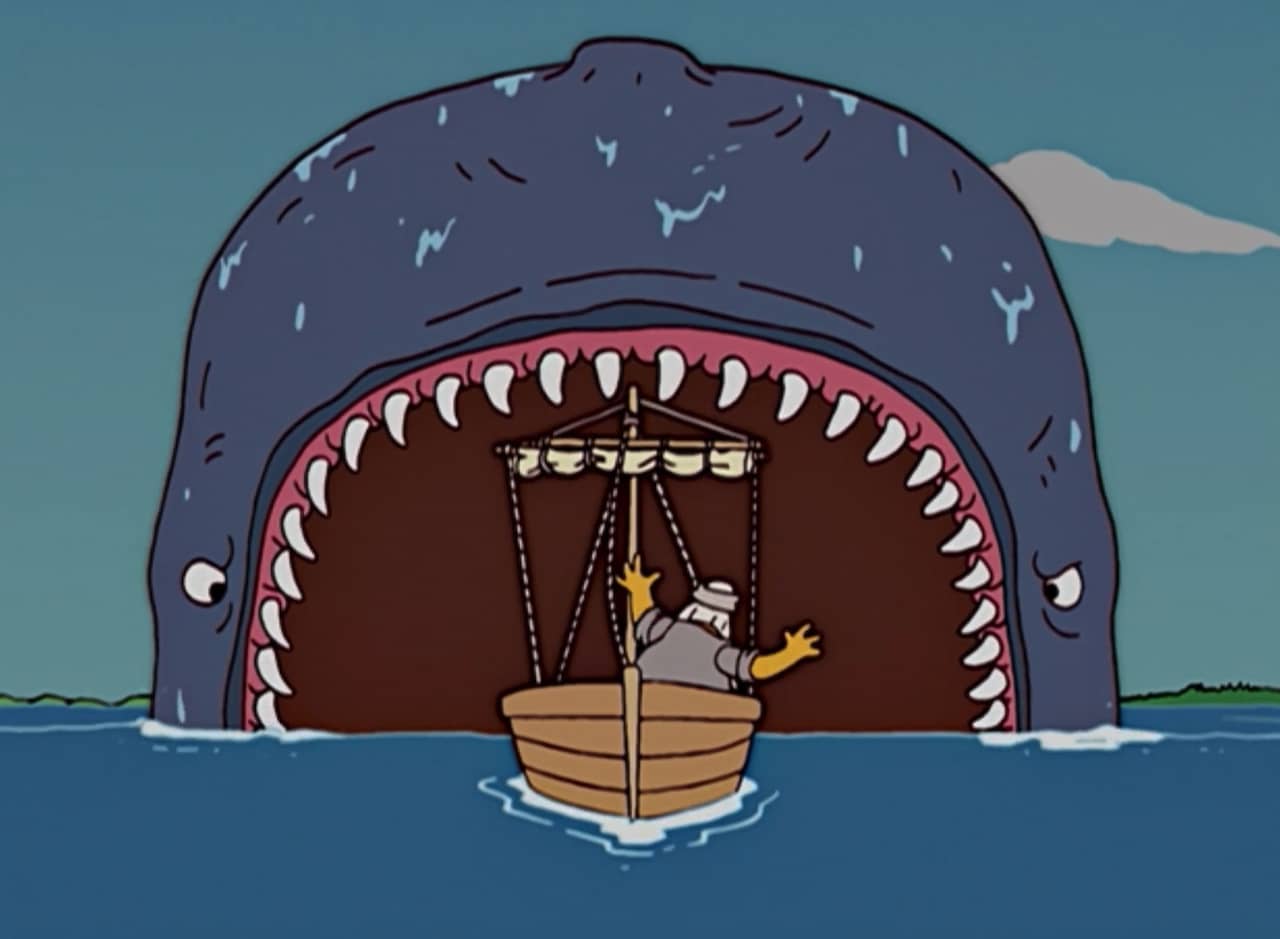 a huge whale opens its mouth to swallow a man in a boat