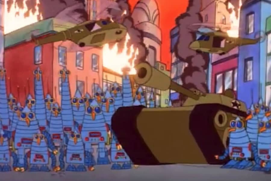 robot birds with tanks and choppers taking over a city