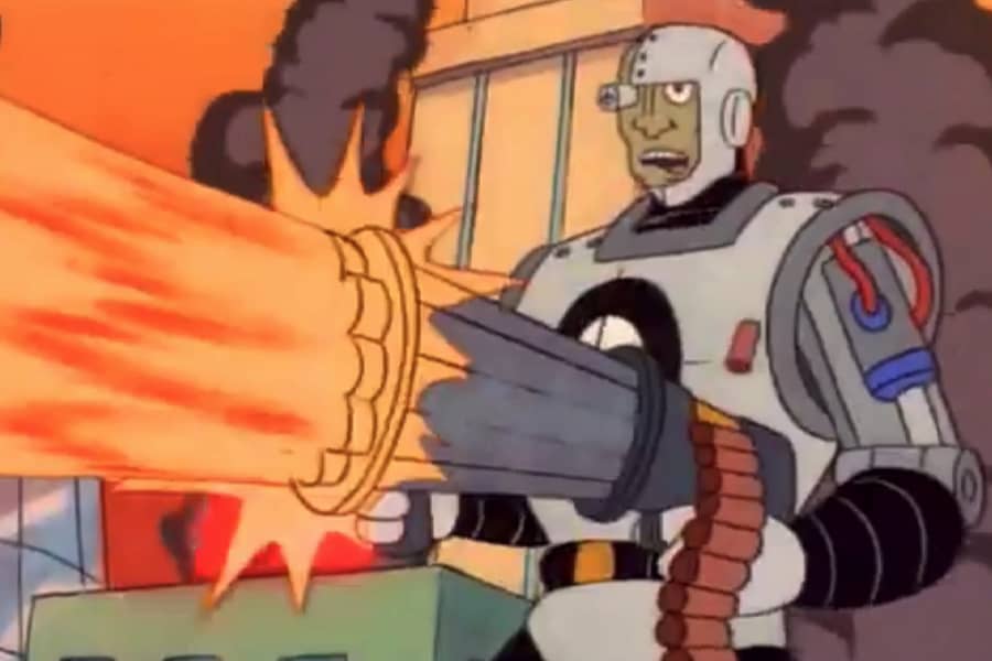 Targetman shooting a giant gatling gun
