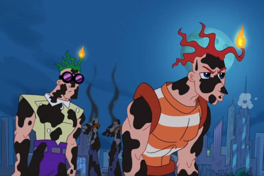 Multi-Man and Ferb Guy burnt and on fire