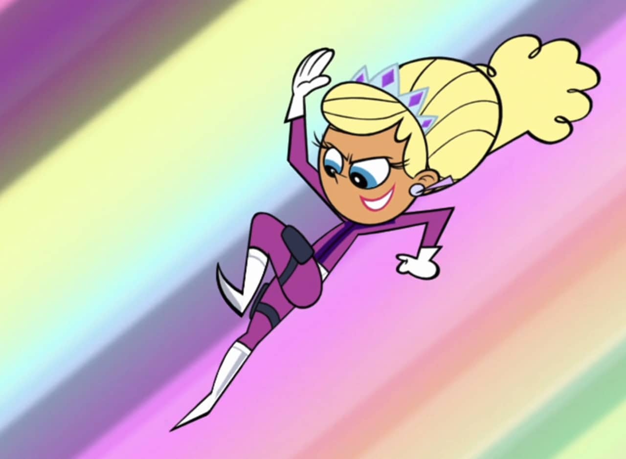 Teena, a blonde princess in a jumpsuit, flying through the air