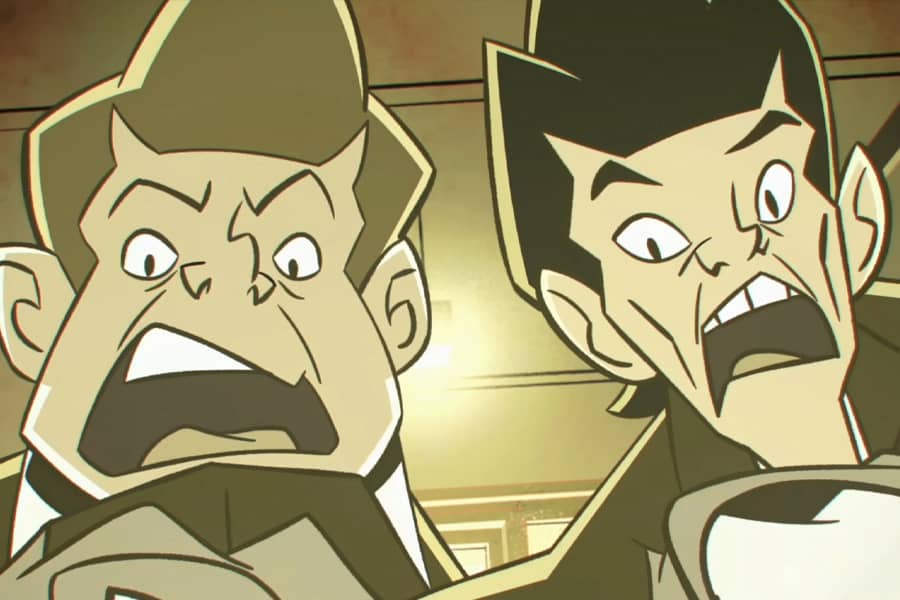 two bad guys freaked out, being grabbed at the neck