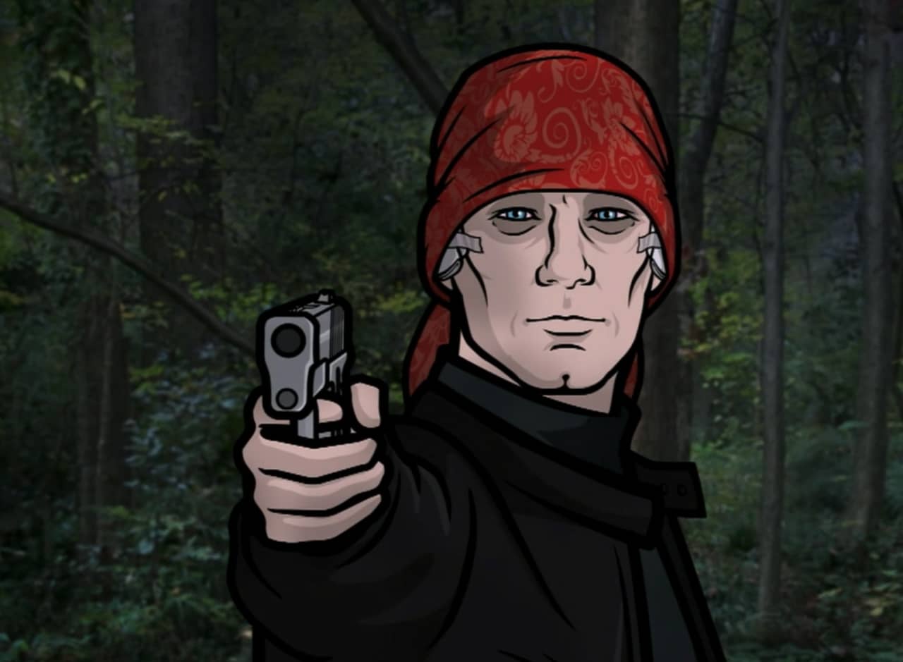 Archer in the woods, sick with sunken eyes, wears a headscarf and points a gun