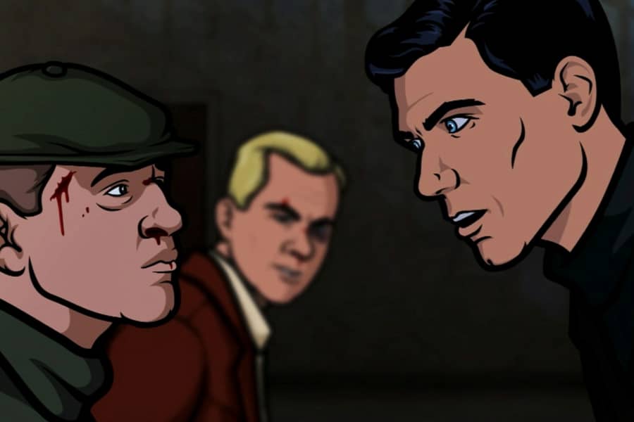 Archer questions a mobster who is tied up and bleeding