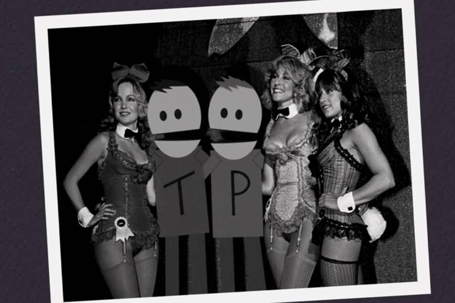Terrance and Phillip in a photograph with three Playboy bunnies