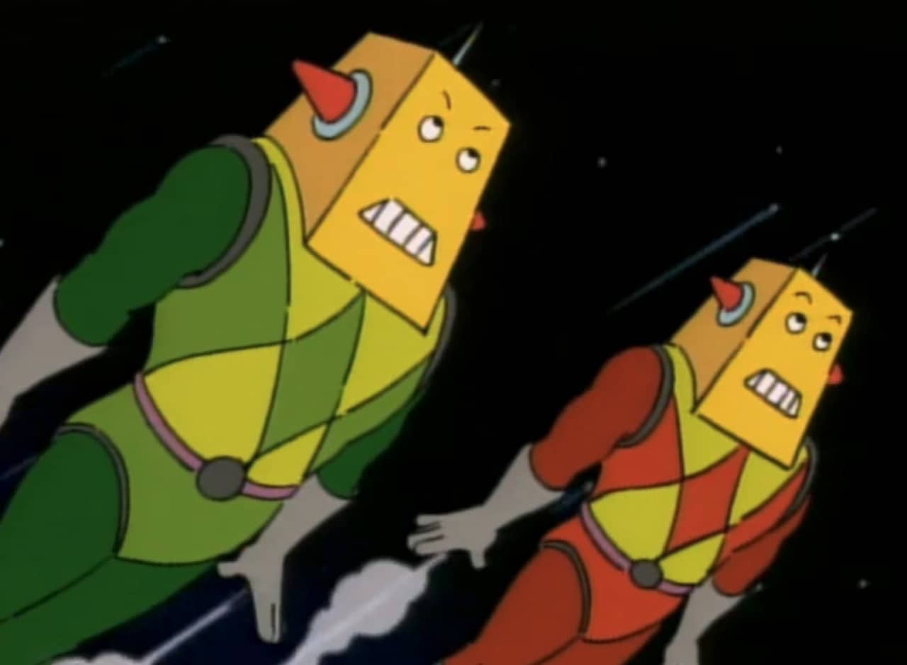 the turbo-trooper t-bots, one green and one red, flying through space