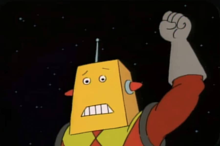 red t-bot with his fist in the air
