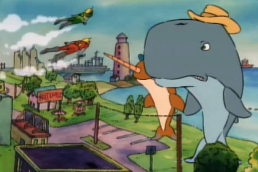 t-bots flying toward a giant whale and narwhal that are heading toward the city