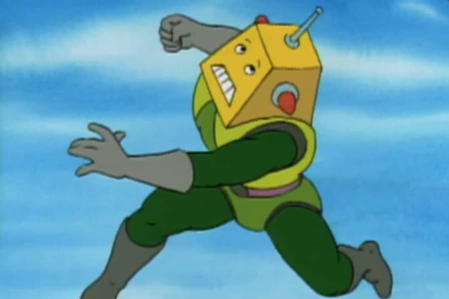 green t-bot flying and about to punch