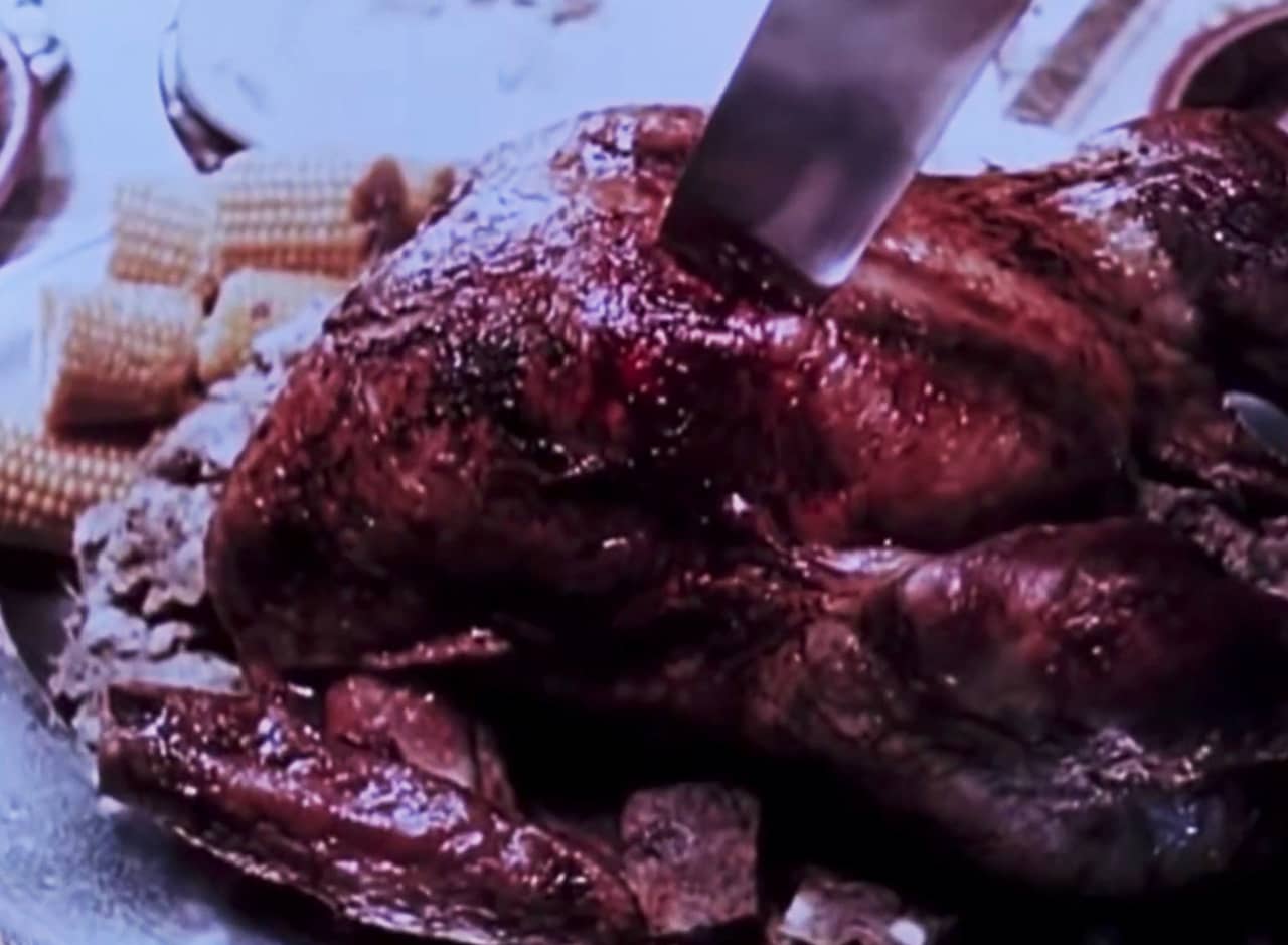 a Thanksgiving turkey with a knife stuck in it