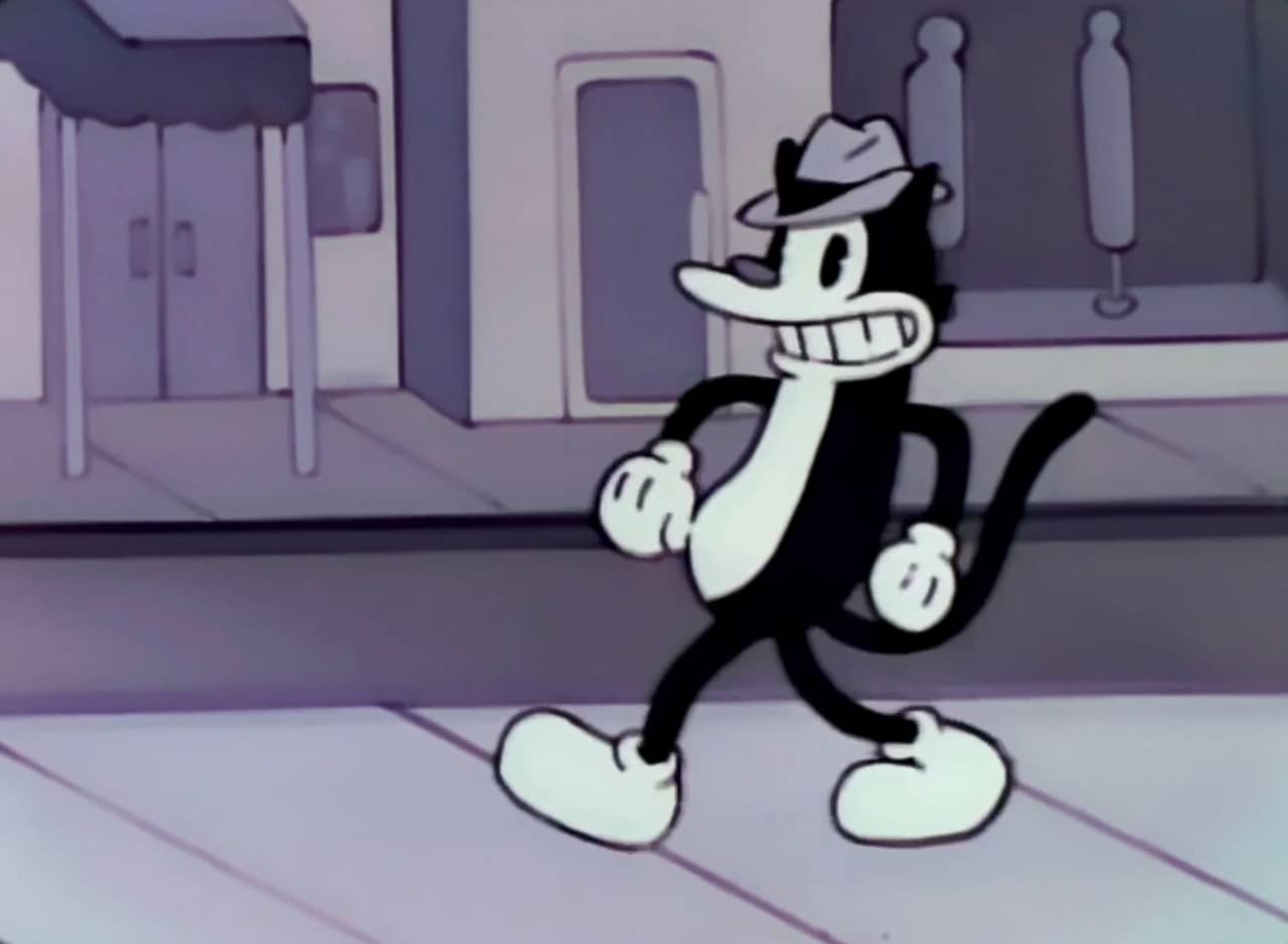 black and white, old-fashioned Scratchy in a fedora walking down the street