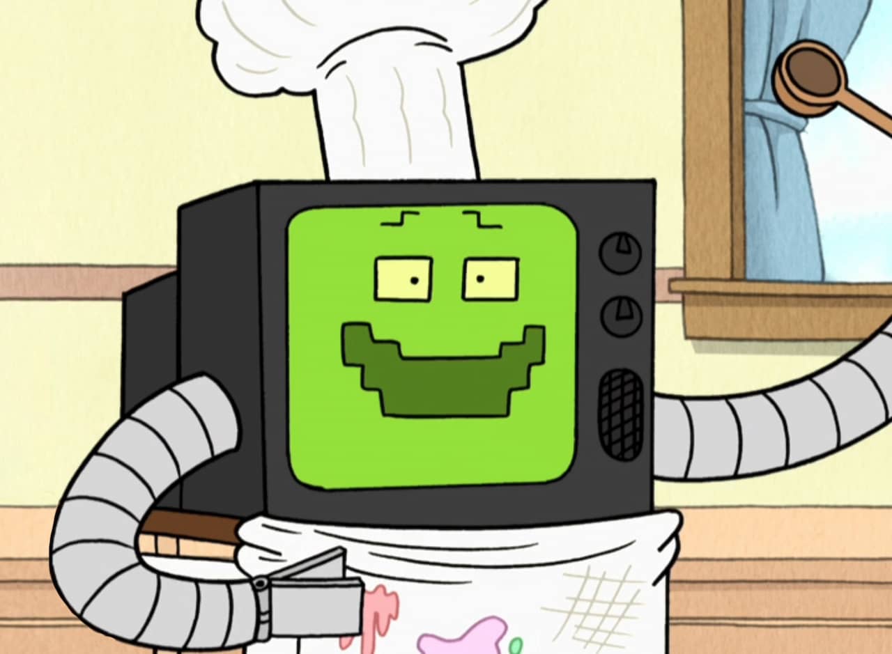 RGB2, a television with a face and robotic arms, baking in the kitchen