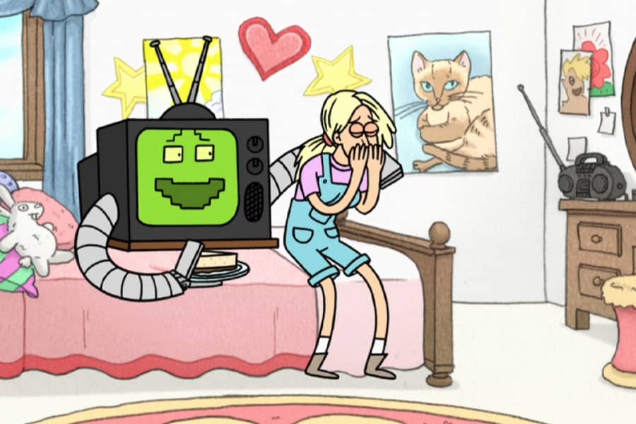 RGB2 comforts the sister on her bed as she cries