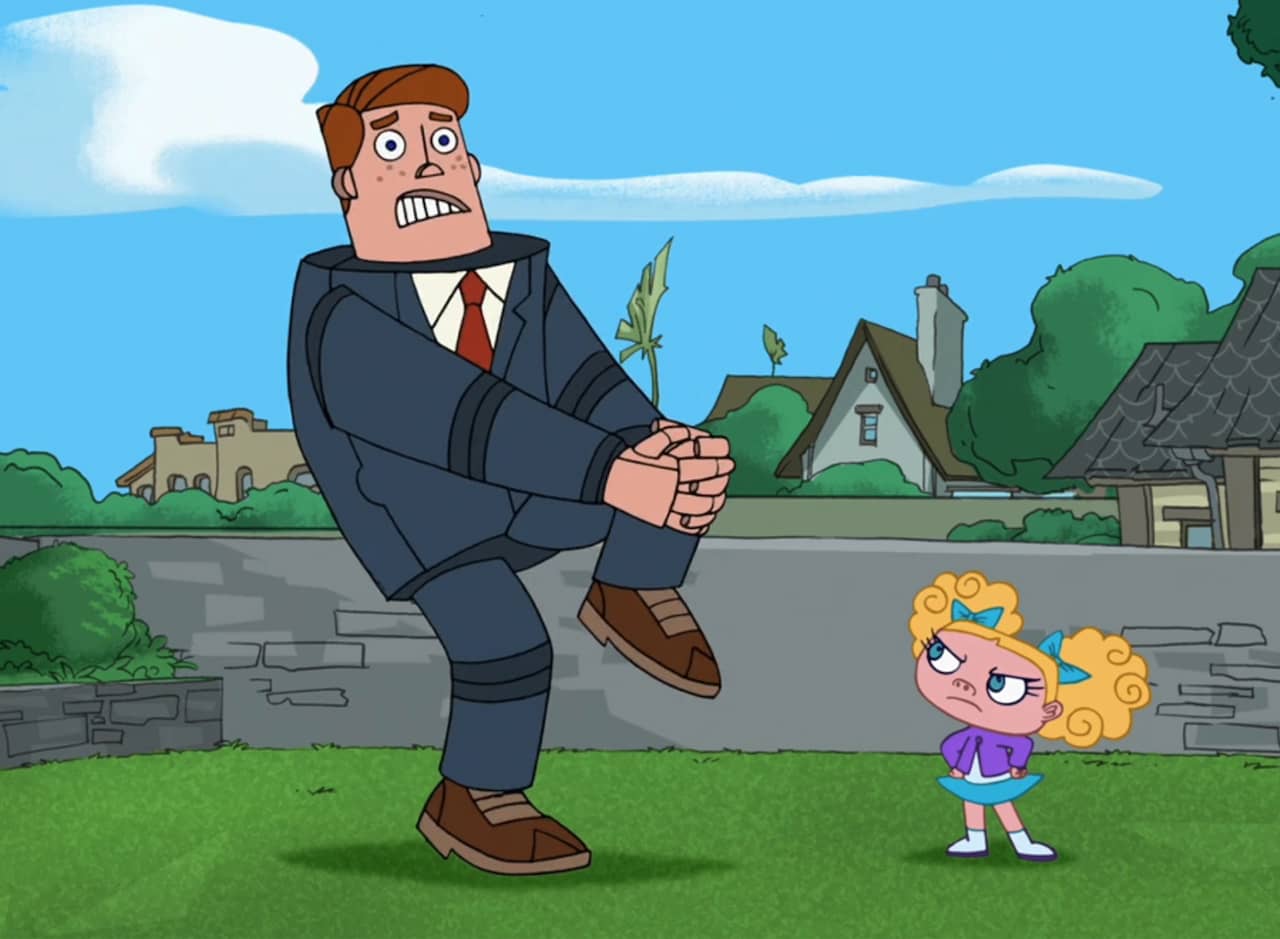 Norm the robot clutching his knee, Suzy looks on disapprovingly