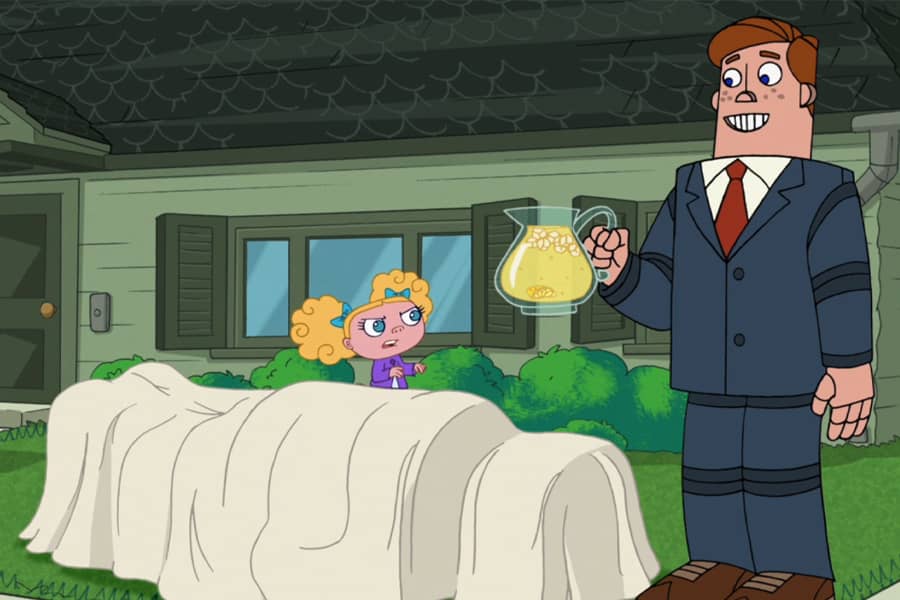 Suzy by what looks like a body covered by a sheet, Norm is holding a pitcher of lemonade