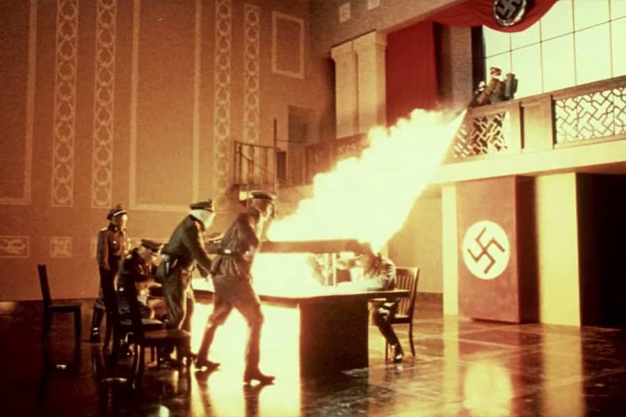 the Nazis getting sprayed with a giant flame