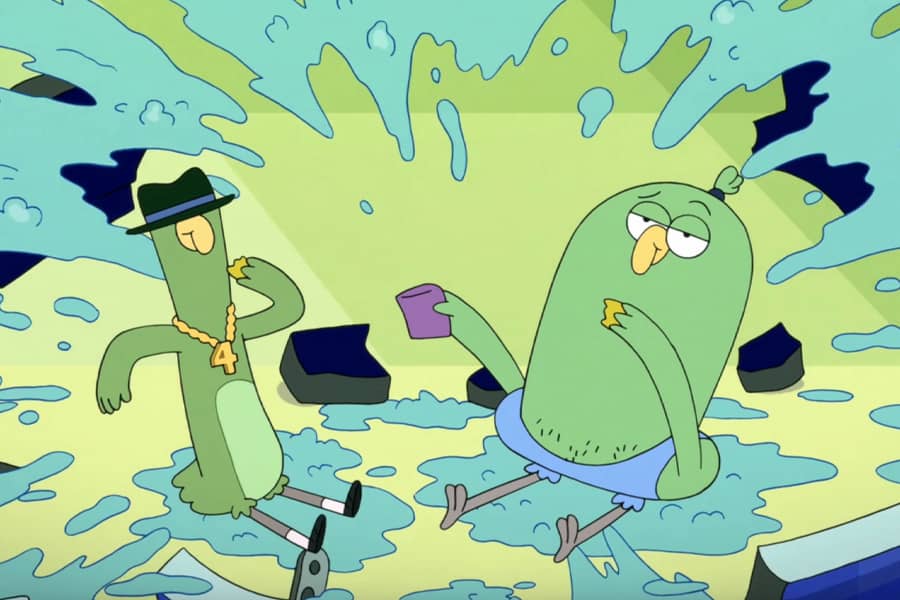 Mystery Lad and Meathead in a popped hot tub, water splashing everywhere
