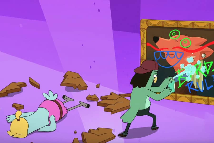 Party Girl face down on the floor next to wooden debris; Bad Boy vandalizing a painting