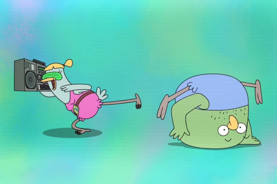 Party Girl holding a boombox; Meathead break dancing