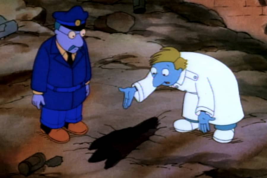 a doctor and policeman inspect a big footprint