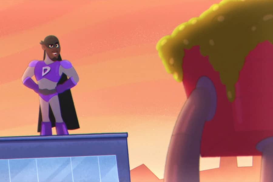 Captain Durag across a rooftop from the dumpster
