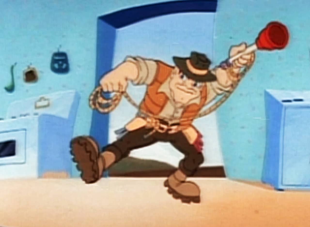 Mighty Plumber, a man with a fedora, swinging a plunger
