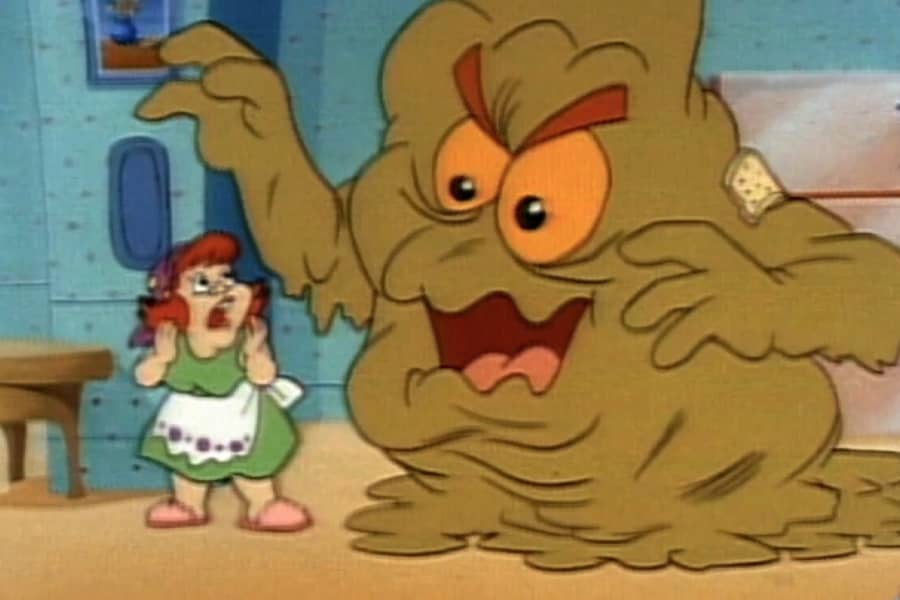 woman screaming as a giant sewage monster stands behind her
