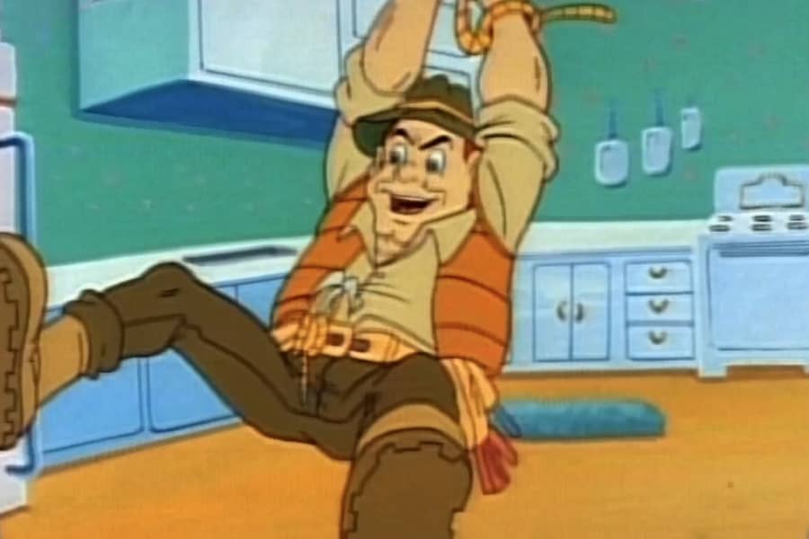 Mighty Plumber swinging through a kitchen