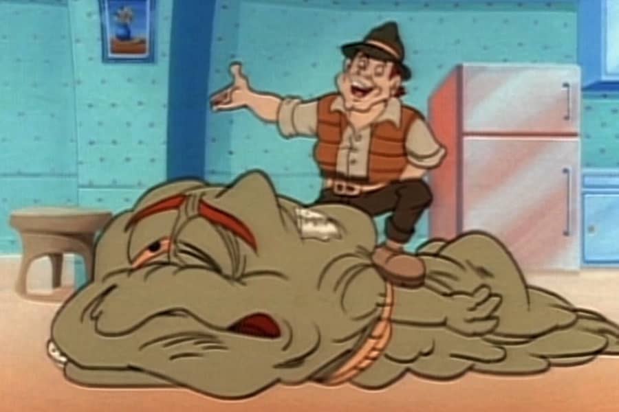 Mighty Plumber standing on the giant sewage monster that is tied up