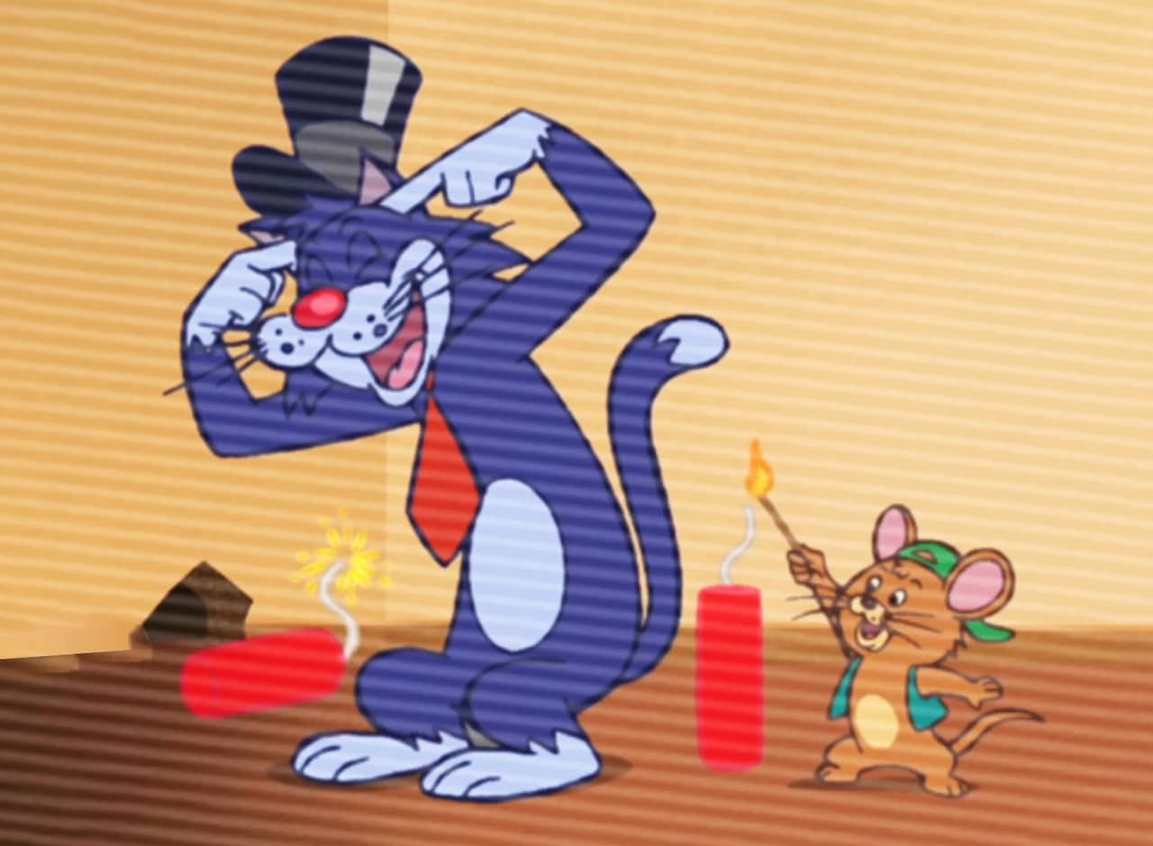 Scamper, a cat in a top hat, plugging his ears as Bitey, a mouse, lights a stick of dynamite