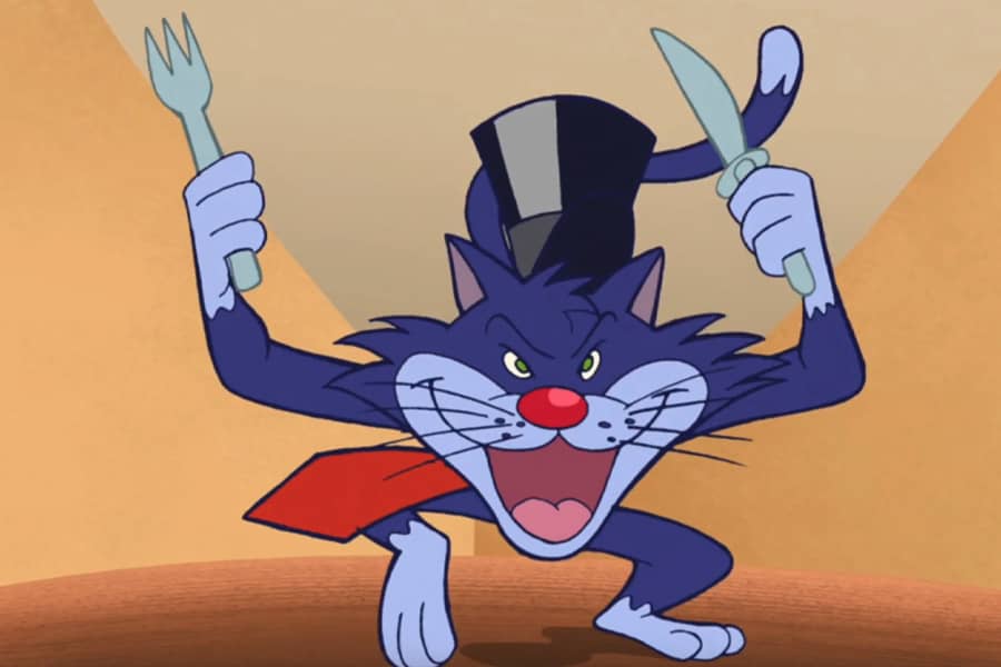 Scamper running, holding a fork and knife