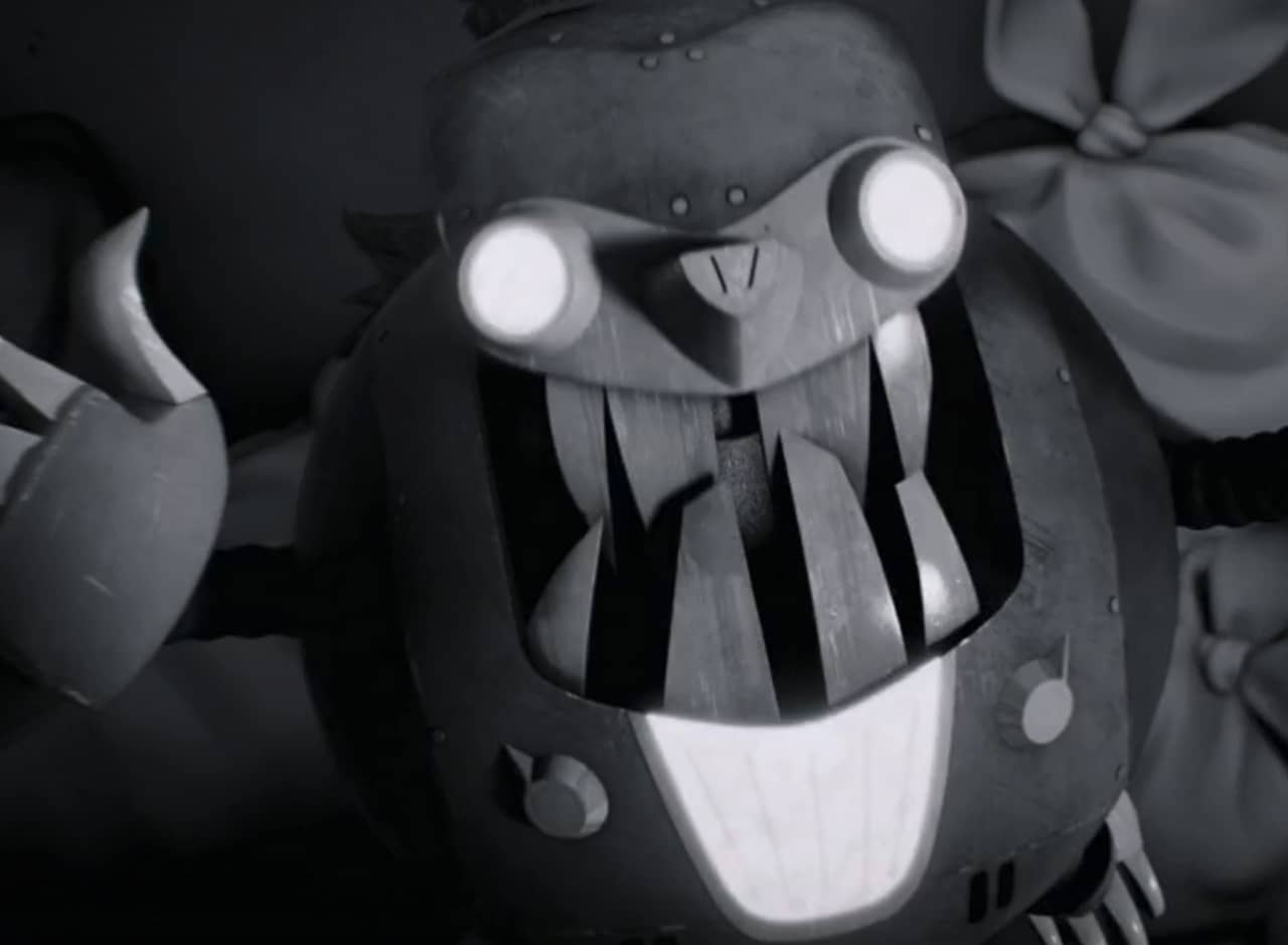 baby alien mole bot with glowing eyes and sharp teeth