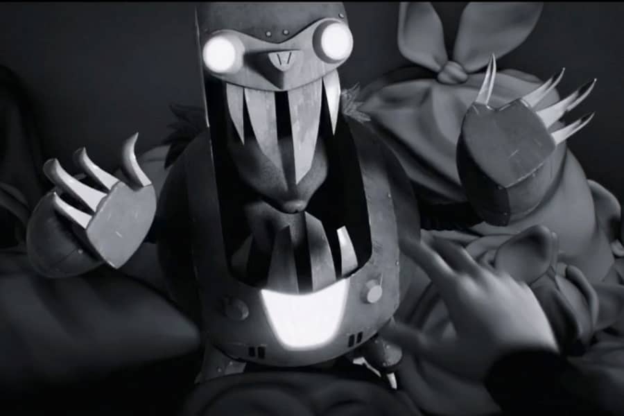 alien mole bot attacking the guy with mouth open