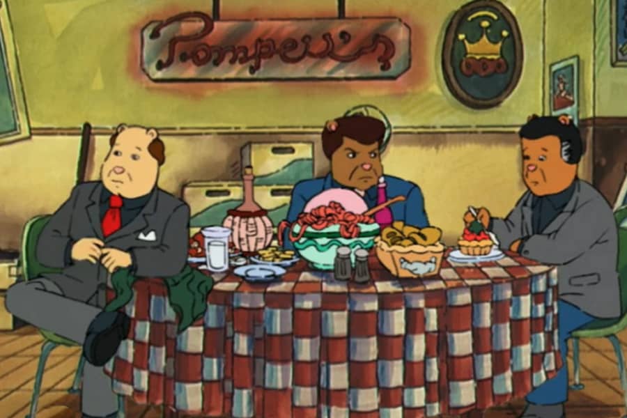 three gangsters having dinner
