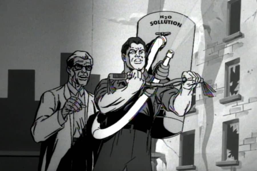 the scientists spraying a water solution