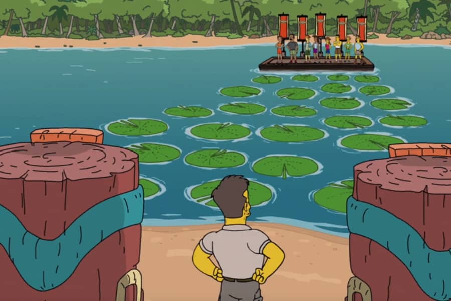 four couples are on a dock opposite the water from Tag Tuckerbag; giant lily pads float in the water in front of them