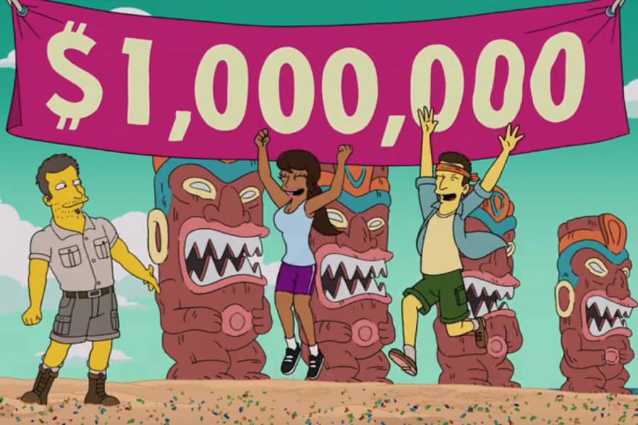 a couple celebrates in front of a big banner that says “$1,000,000”
