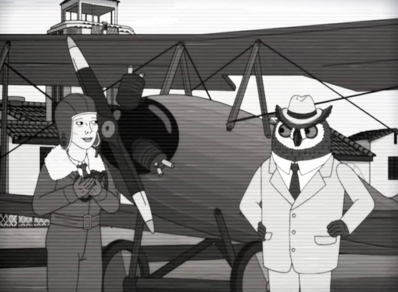 Amelia Earhart near an airplane and talking with an anthropomorphic owl in a suit and hat