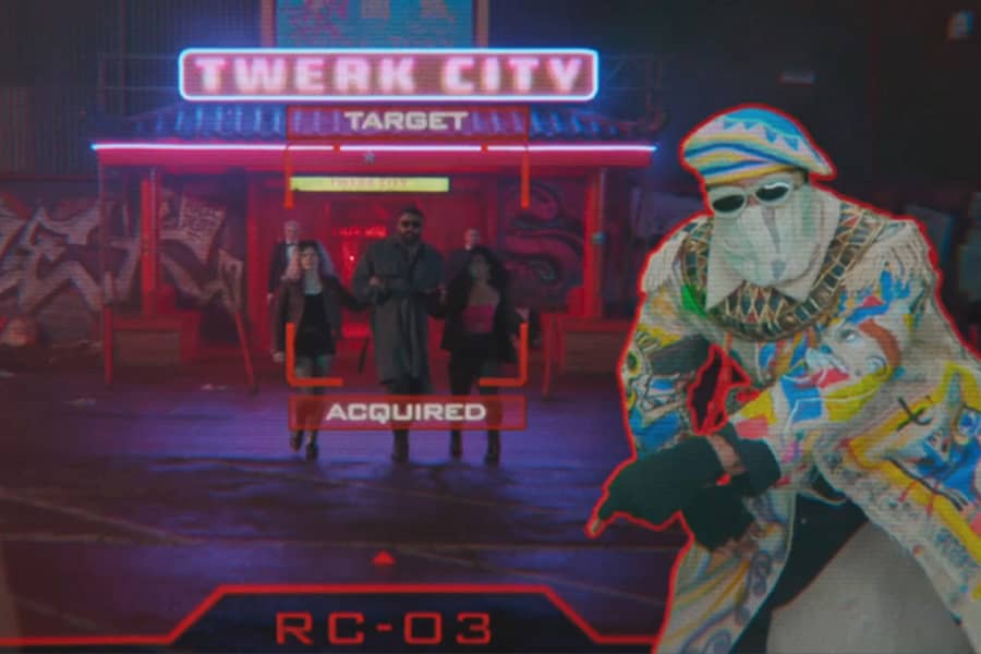 The Apostle imposed over security footage from The Running Man: target acquired outside Twerk City