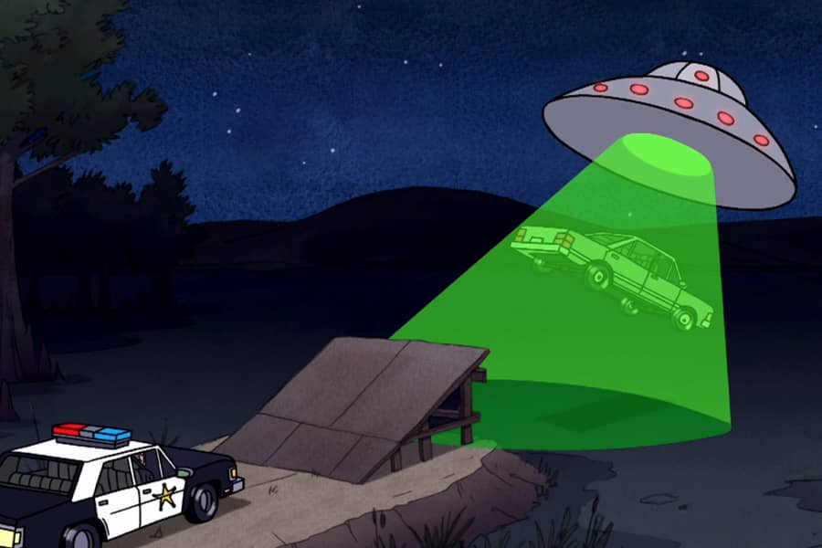 the car is caugh in the air by a UFO’s green beam