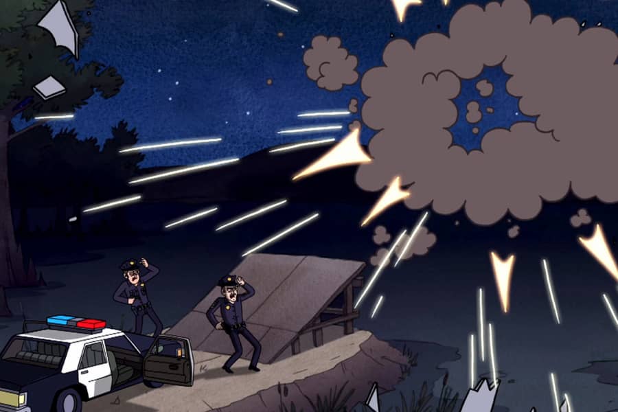 the cops shield their eyes as the UFO explodes
