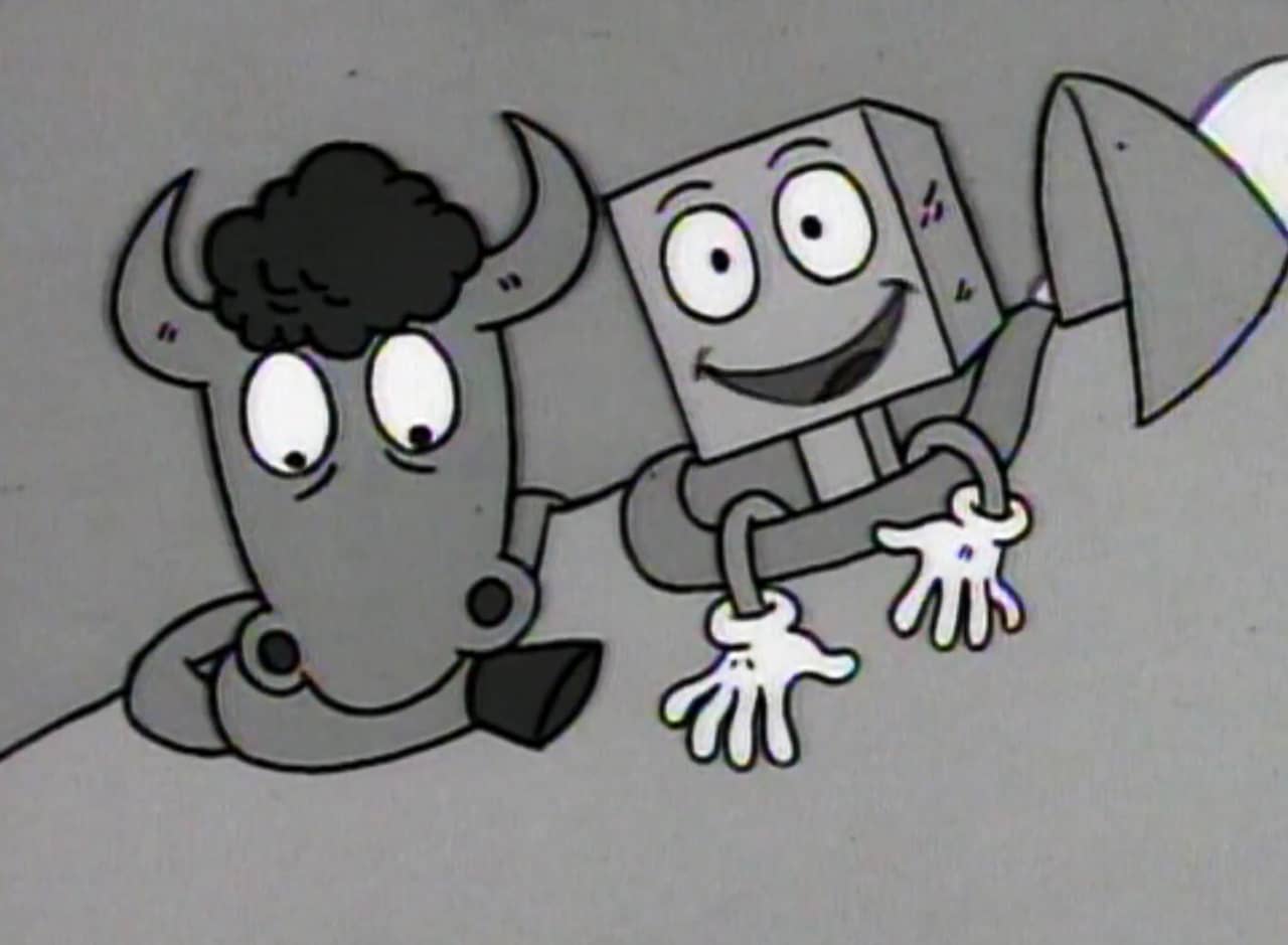 Blocky, a character with a cubed head, and Oxwinkle, a buffalo, are riding in an airplane