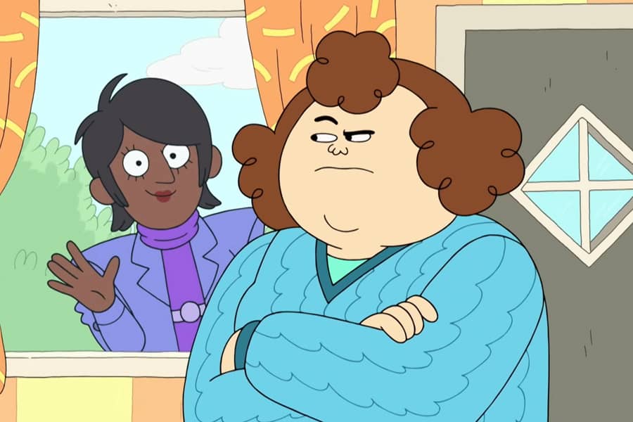 Loretta looking displeased as someone waves in the window